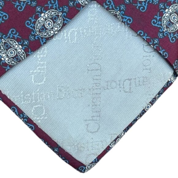 Christian Dior Men's Tie Necktie Designer 100% Silk Burgundy Cream Blue Paisley - Picture 8 of 9